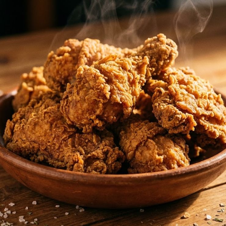 Plato de pollo frito crujiente humeante sobre mesa de madera
