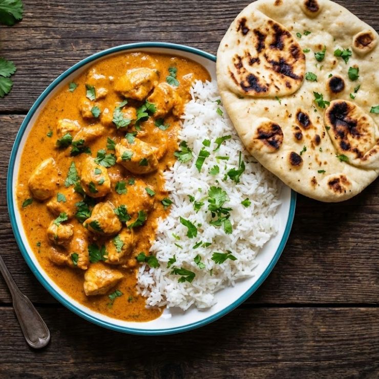 Plato de pollo tikka masala servido con arroz basmati y pan naan en una mesa rústica de madera.