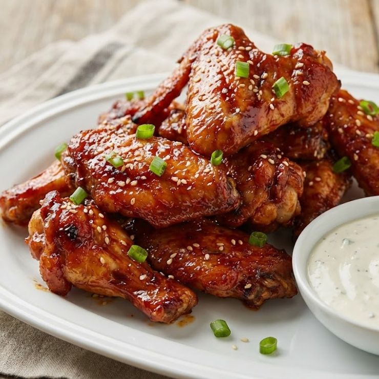Deliciosas alitas de pollo glaseadas acompañadas de salsa de sésamo y cebollín fresco en un plato blanco.
