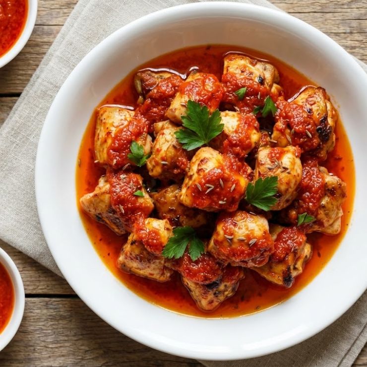 Plato de albóndigas de pollo cubiertas con salsa roja y decoradas con perejil en un tazón blanco