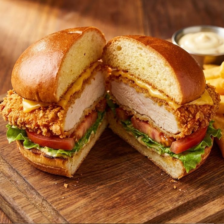 Sándwich de pollo crujiente con lechuga, tomate y queso en pan suave, acompañado de papas fritas y aderezo.