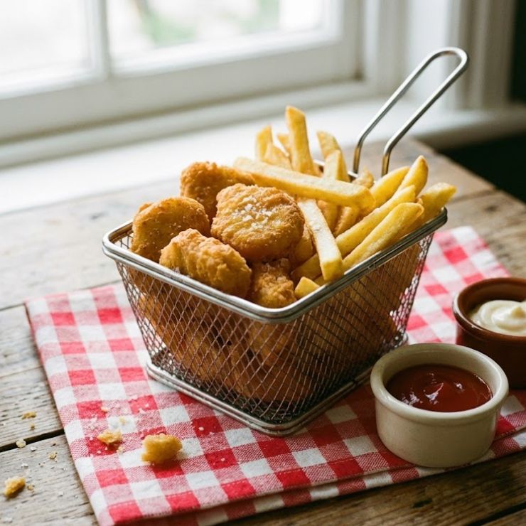 Cesta de metal con nuggets de pollo y papas fritas sobre servilleta a cuadros, acompañada de salsas de ketchup y mayonesa.