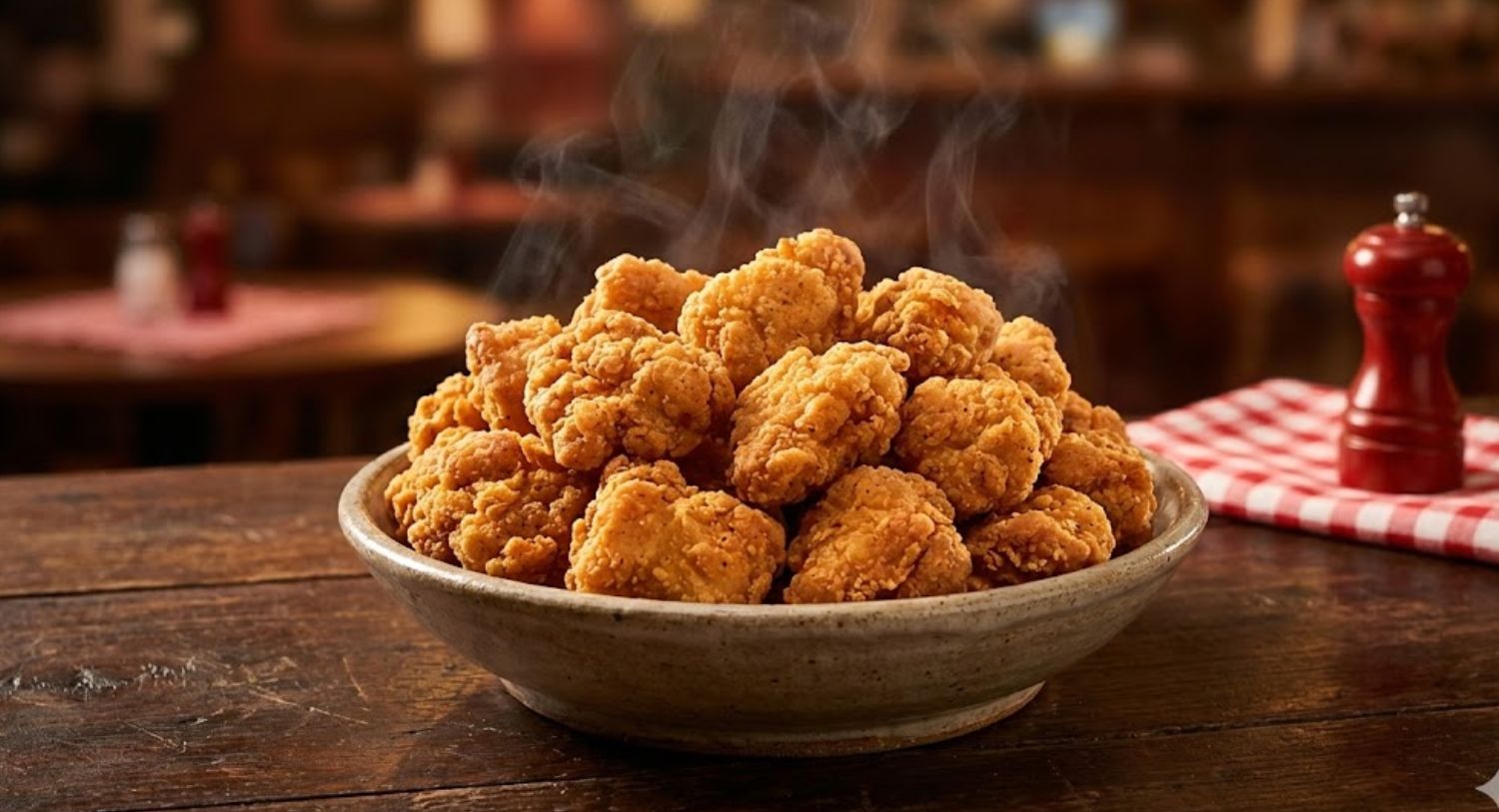Tazón de cerámica lleno de pollo frito crujiente en un entorno de restaurante rústico con mantel a cuadros.